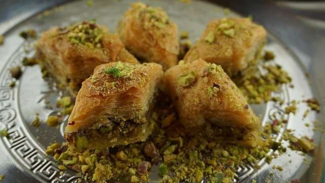 baklava with pistachios, oriental pastries, sweet pastries