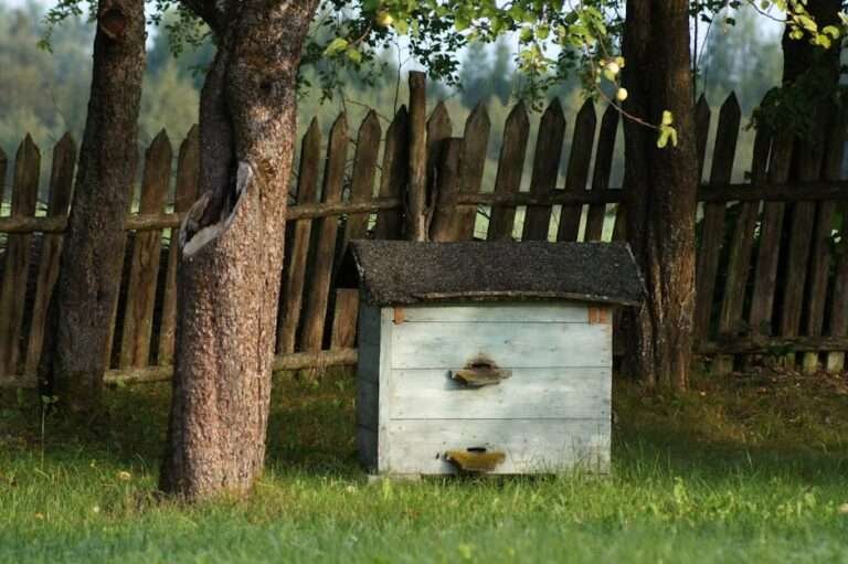 A quaint beehive nestles under trees by a wooden fence in a green countryside garden.