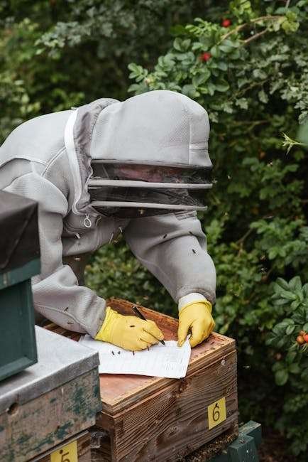 Beekeeper in protective gear records hive data in a lush, green apiary setting outdoors.
